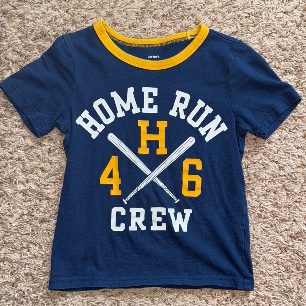 5t boys short sleeve shirt. Baby with yellow trim. “Home run crew” across front.